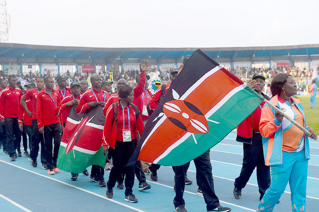 The Kenyan contingent marches during the opening of African Athletics Championship at the Stephen Keshi Stadium in Asaba