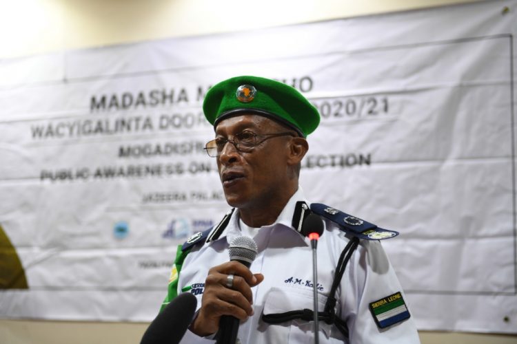 AMISOM Police Commissioner, Inspector General of Police (AIGP), Augustine Magnus Kailie addresses participants during a public awareness forum on Somalia's 2020/21 Upcoming Elections in Mogadishu 24 November 2019. 