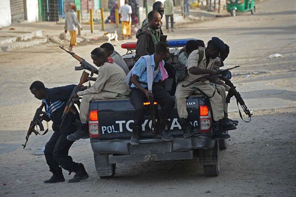 Somali government police officers arrive to secure a bomb attack scene in 2015. At least five people were killed and 15 others injured on May 24, 2020 in a roadside blast in Baidoa town in southwest Somalia. SOURCE: nation.co.ke