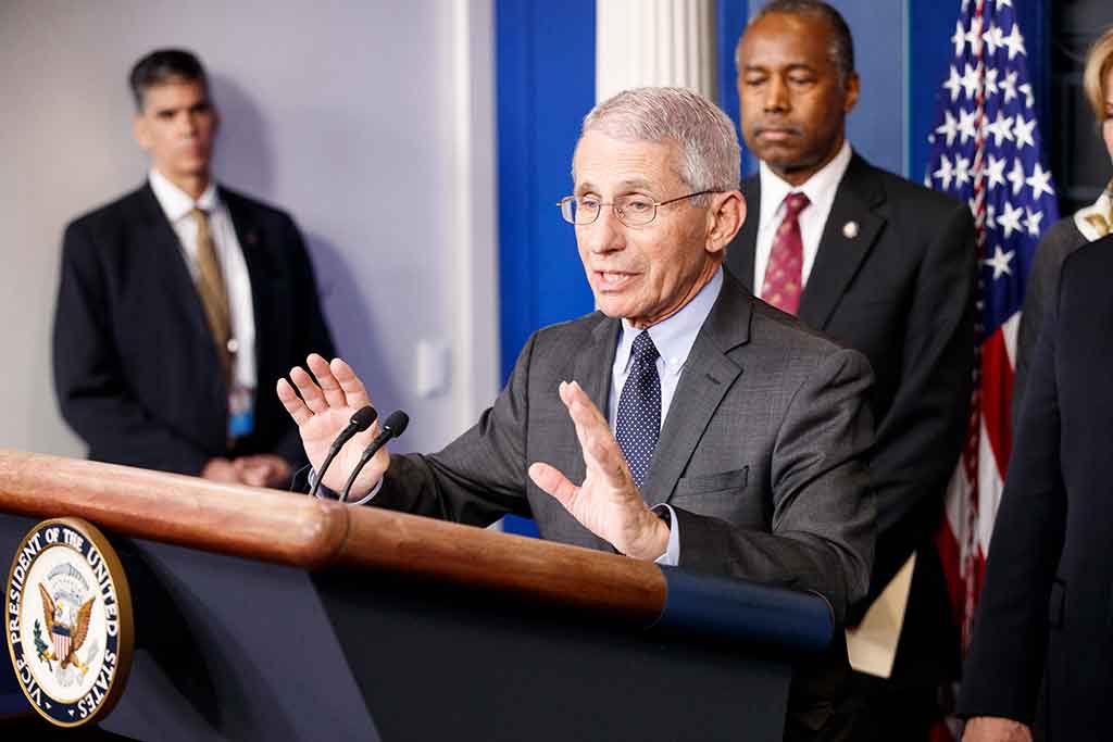 Anthony Fauci (front), director of the U.S. National Institute of Allergy and Infectious Diseases (NIAID), speaks during a press conference on the coronavirus at the White House in Washington D.C., the United States, March 4, 2020. (Photo by Ting Shen/Xinhua)