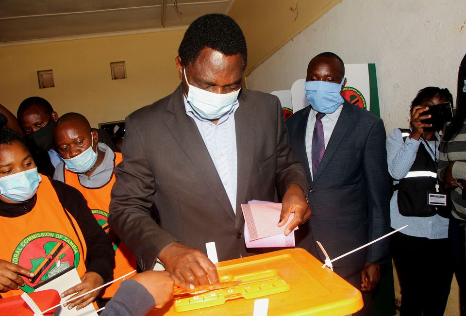 Opposition UPND party's presidential candidate Hakainde Hichilema casts his ballot in Lusaka