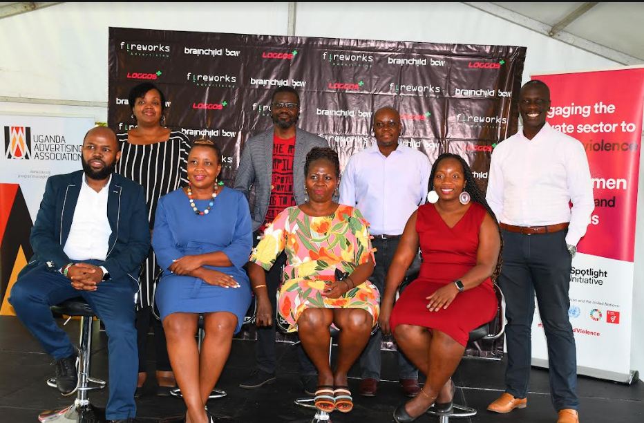 L-R Sitted Frank Muthusi, Group CEO fireworks Advertising, Grace Nshemeire Gwaku, Chief Operating Officer PSFU, Beatrice Mugambe, Senior Gender Advisor UNDP, Tina Wamala, Communications Specialist British High Commission with other members of the panel discussion at the launch of the Gender-Based Violence in the advertising industry.