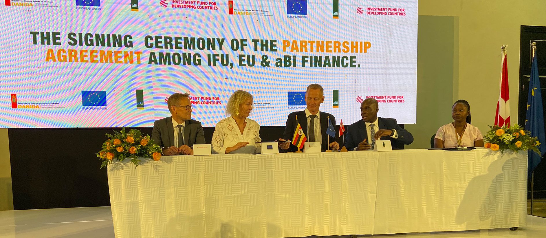 L-R: Anders Frigaard, Senior Investment Manager at Investment Fund for Developing Countries, Caroline Adriaensen, Head of Cooperation European Union, H.E Nicolaj A. Hejberg Petersen, Ambassador of Denmark in Uganda and Felix Okoboi, Chairperson aBi Finance Limited at the Shareholders Agreement signing held at Mestil Hotel on Thursday June 2nd 2022 (PHOTO /Courtesy)