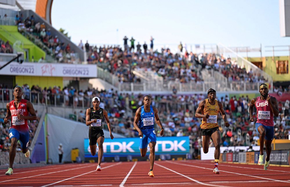 Tarsis Orogot (2nd right) finished fifth in heat two in 20.35 seconds, missing the final.