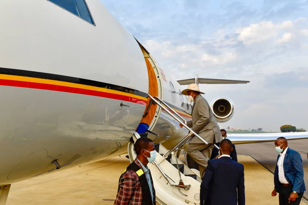 President Museveni departs Entebbe International Airport for Algeria this morning. He was seen off by Lt. Gen Okidi, AIGP Godfrey Golooba and Samuel Akena of Uganda Prisons (PHOTO/Courtesy).