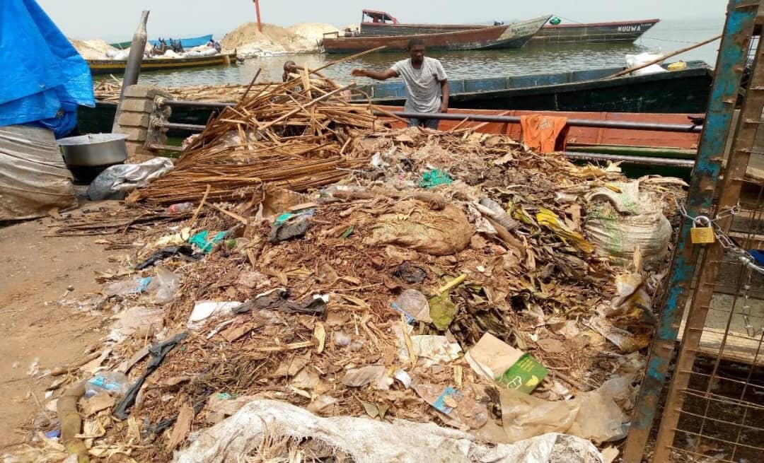 A heap of polythene bags and plastic bottles piled at the shores of Lake Victoria at Ggaba landing site in Kampala, Uganda