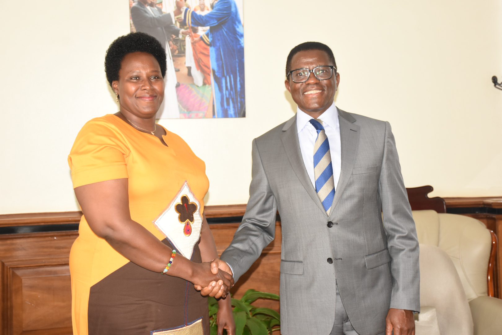 State House Comptroller Barekye with the Katikkiro of Buganda Kingdom, Charles Peter Mayiga at Bulange- Mengo