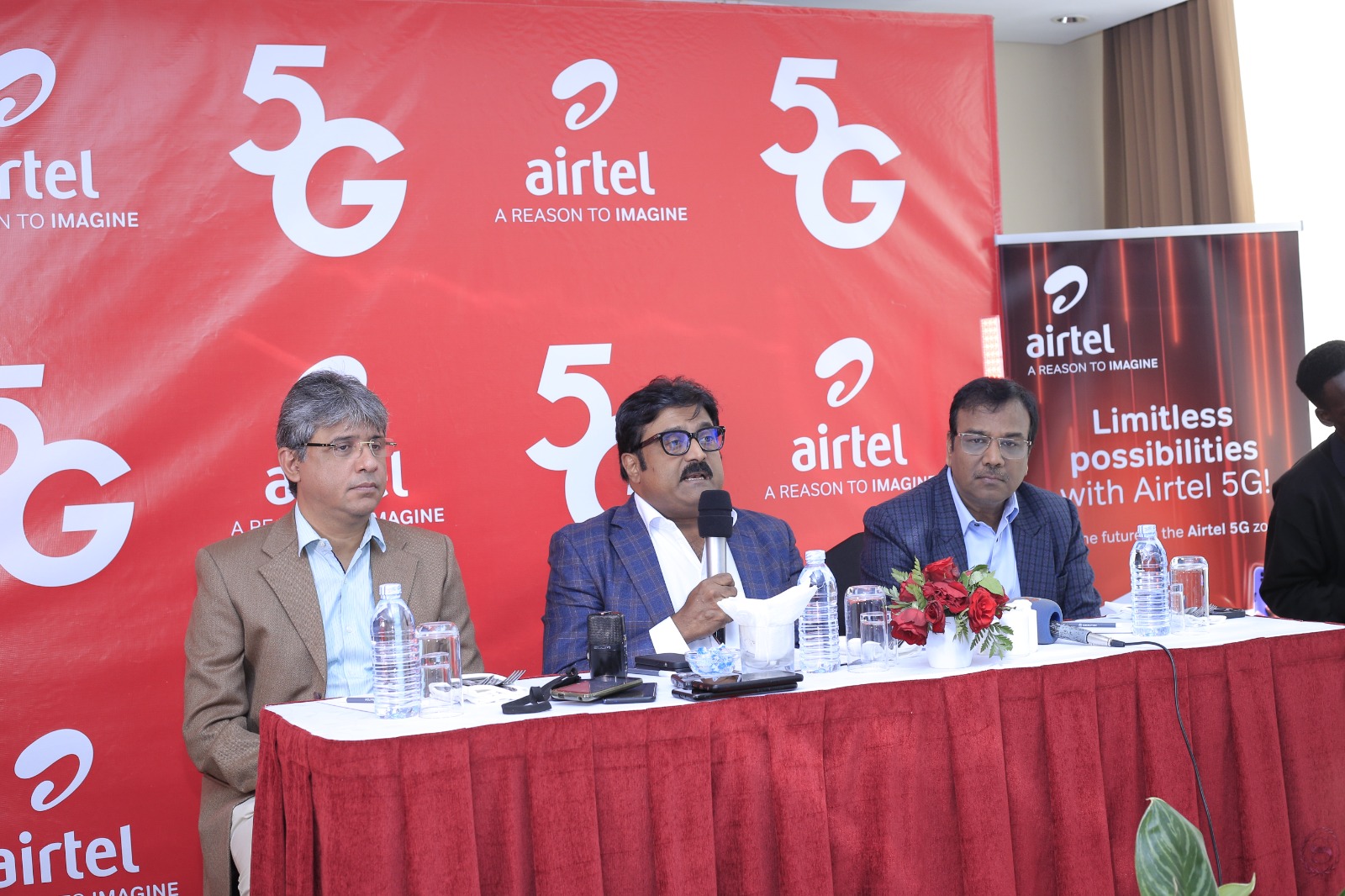 Mr. manoj murali (C), Managing Director of Airtel Uganda, Amit Kapur (L), Chief Commercial Officer at Airtel Uganda, Rajesh Agrawal (R) - Network Director announcing that Airtel Uganda has secured the required 5G spectrum and will begin deployment in Kampala starting next week. This was revealed today at the press conference at Sheraton Kampala Hotel. 