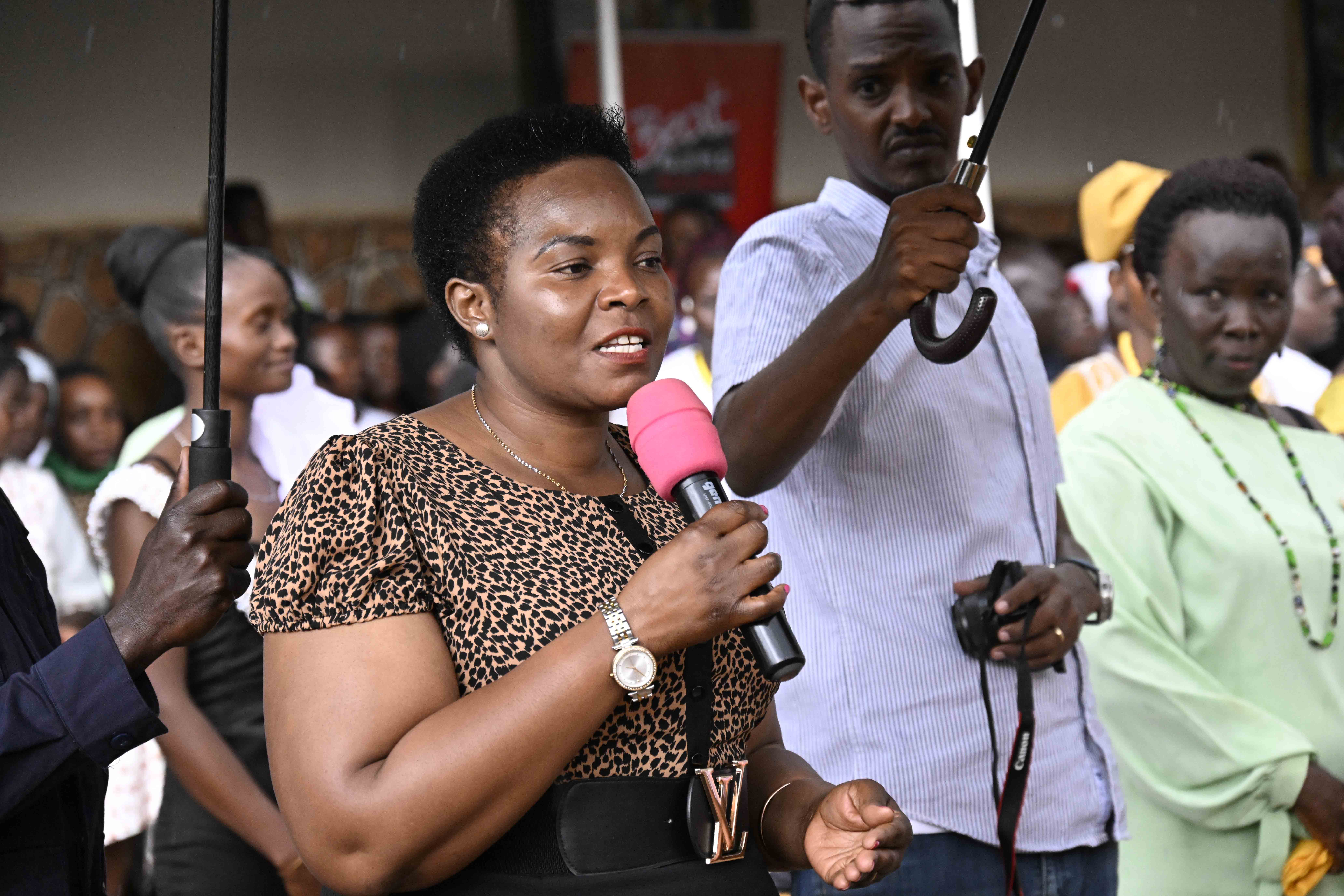 The State Minister for Lands, Housing and Urban Development (Lands)Persis Princess Namuganza making her remarks during a show casing of work for students at the PISG/B Nakulabye center in Kampala on 19th September 2023. Photo by PPU/ Tony Rujuta.