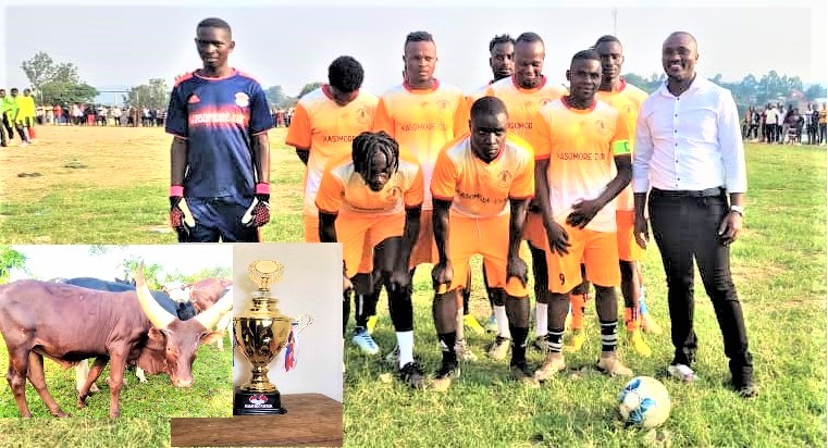 Kanyarigiri team with tournament’s chief sponsor, Innocent Tumukwatsibwe Kasomore (R)