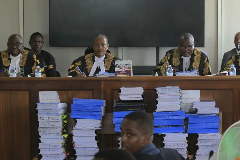 A view of the panel of five judges led by the country's deputy chief justice, Richard Buteera during the hearing of consolidated petitions challenging the contentious and controversial anti-homosexuality law, at the Constitutional Court, in Kampala, on Dec. 18, 2023. [Hajarah Nalwadda/AP Photo]