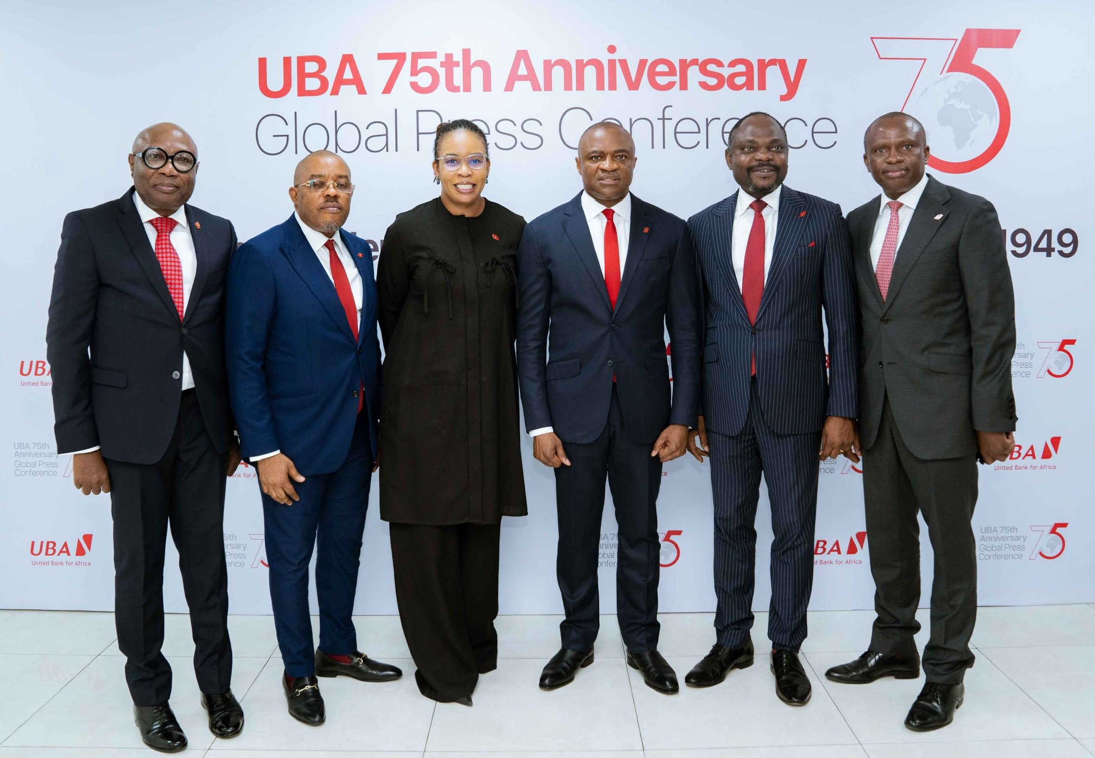 UBA 1 - l-r: Company Secretary, Mr. Bili Odum; Executive Director,/GCOO, Mr. Alex Alozie; Group Head, Marketing and Corporate Communication, Ms Alero Ladipo; Group Managing Director/CEO; Mr. Oliver Alawuba; Group Deputy Managing Director, Mr. Muyiwa Akinyemi; and Executive Director, Mr. Ugo Nwaghodoh, at the Global Press Conference to herald the year-long celebration of UBA Group at 75. 