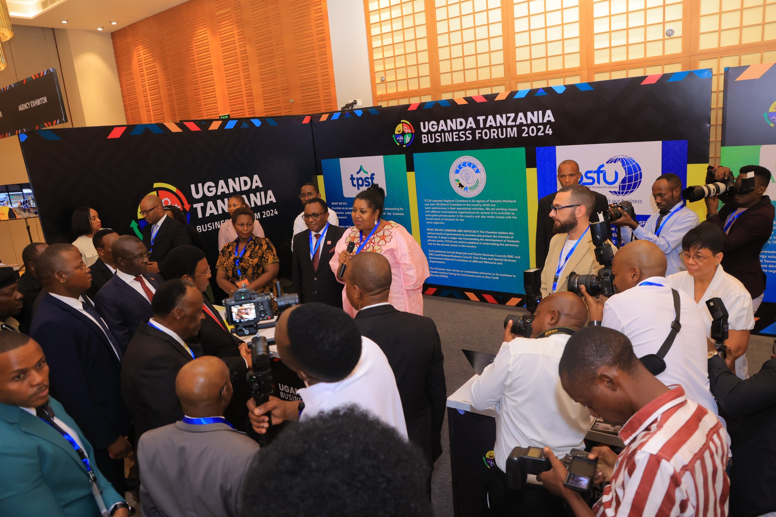 Sarah Kagingo, Vice Chairperson of the Private Sector Foundation Uganda (PSFU), addresses reporters at the sidelines of the 2nd Uganda-Tanzania Business Forum in Dar es Salaam, Tanzania, on May 23, 2024. Kagingo emphasized the importance of value addition and industrialization in driving economic transformation in both countries and called for increased cooperation and trade between Uganda and Tanzania