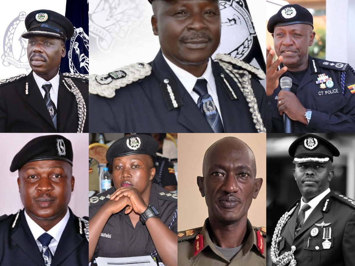 New Faces and Farewells: (Upper) L-R: New Deputy IGP James Ocaya, (M) New IGP Abbas Byakagaba, and former Deputy IGP Major Gen Katsigazi who is recalled. (Lower) L-R: Moses Kafeero, new Human Resources Director, Hadijah Namutebi, new Research Director, Abel Kandiho recalled, and Frank Mwesigwa, new Director of Operations. A new era begins in the police leadership!