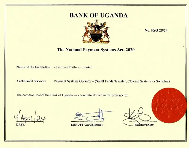 The BoU under the National Payment Systems Act, 2020, issued two licenses in the categories of Payment Systems Operator – (Small Funds Transfer, Clearing Systems or Switches) and Payment Service Provider Class A (Small Electronic Money Issuer) to the company under the brand name eTranzact Platform Limited, Uganda.