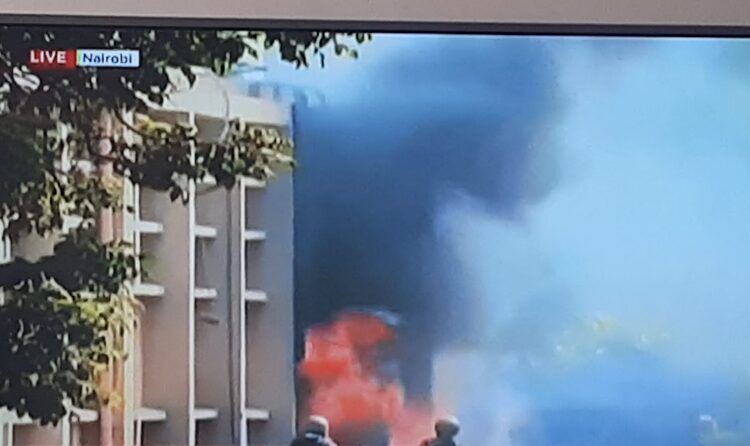 Section of National Assembly on fire after protesters invaded the building during anti-Fina ce Bill protestes on Tuesday, JUne 25, 2024.