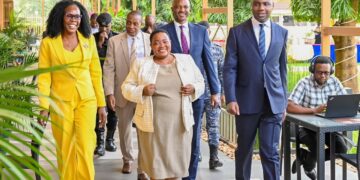 Prime Minister Robinah Nabbanja arrives at the Conference on Tax Incentives, Tax Policies, and Tax Administration for Ugandan Investors at Hotel Africana, where she is greeted by Minister of State for Investment and Privatization Evelyn Anite, State Minister for Finance Henry Musasizi, and Permanent Secretary Ramathan Ggoobi