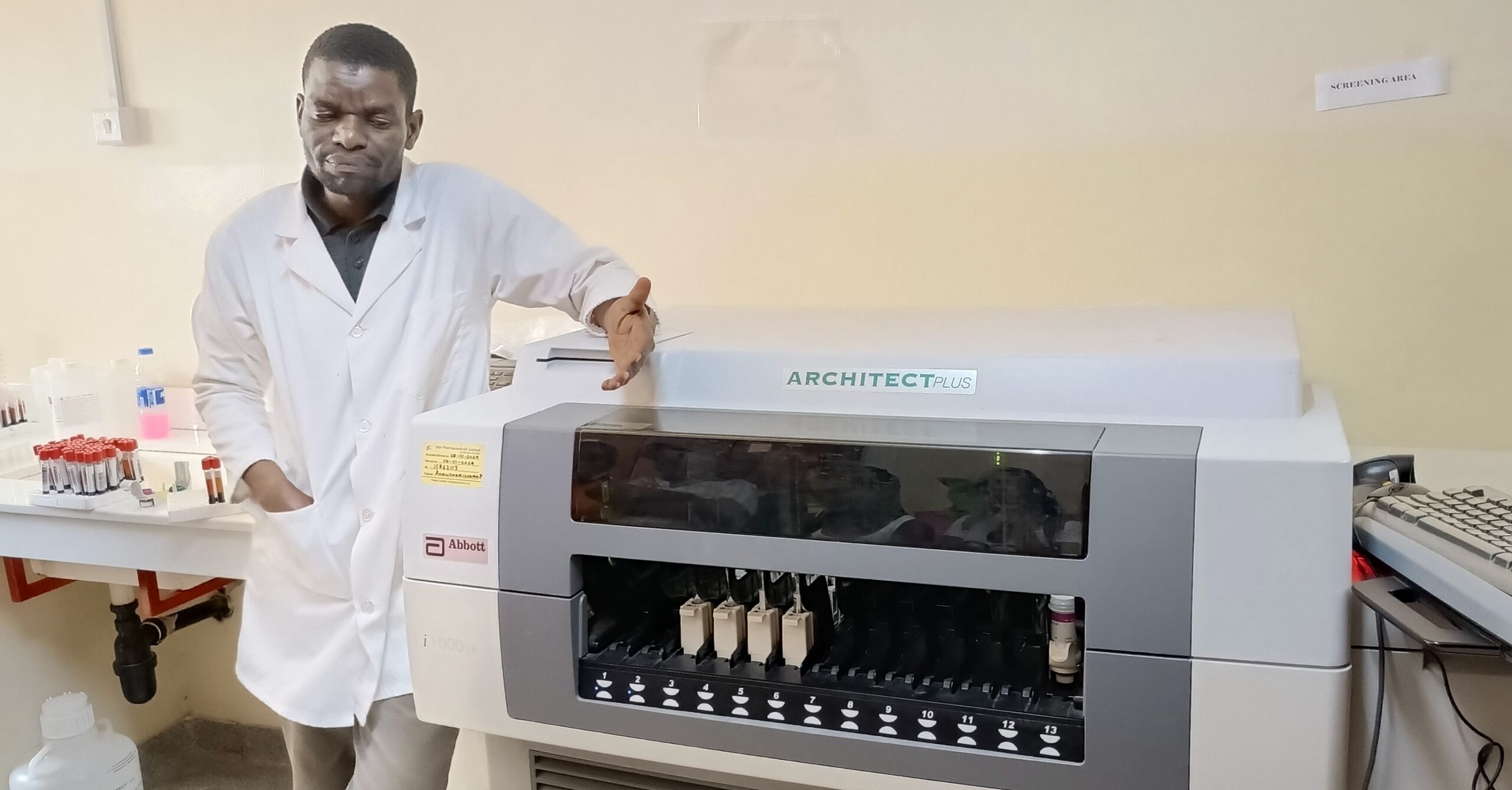 Emmanuel Atajja, a Laboratory Technologist at the Rotary Blood Bank in Mengo Hospital, Kampala, explains the blood donation process. Uganda’s national blood bank collects 250,000 units annually, but there is a demand for 350,000 units to meet the needs of all facilities offering blood transfusions. 