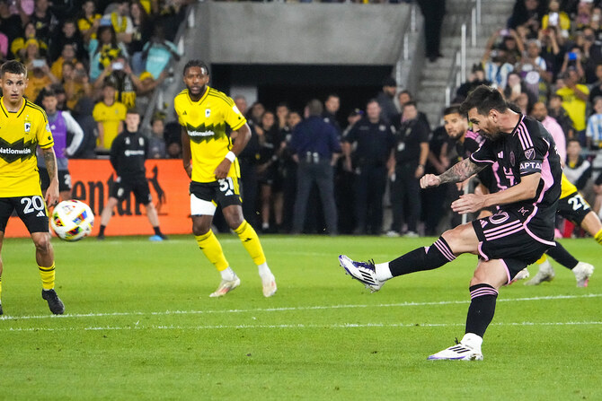 Inter Miami CF forward Lionel Messi shoots and scores a goal in the first half during the match against Columbus Crew at Lower.com Field Wednesday. (IMAGE: Courtesy | theKR Media)