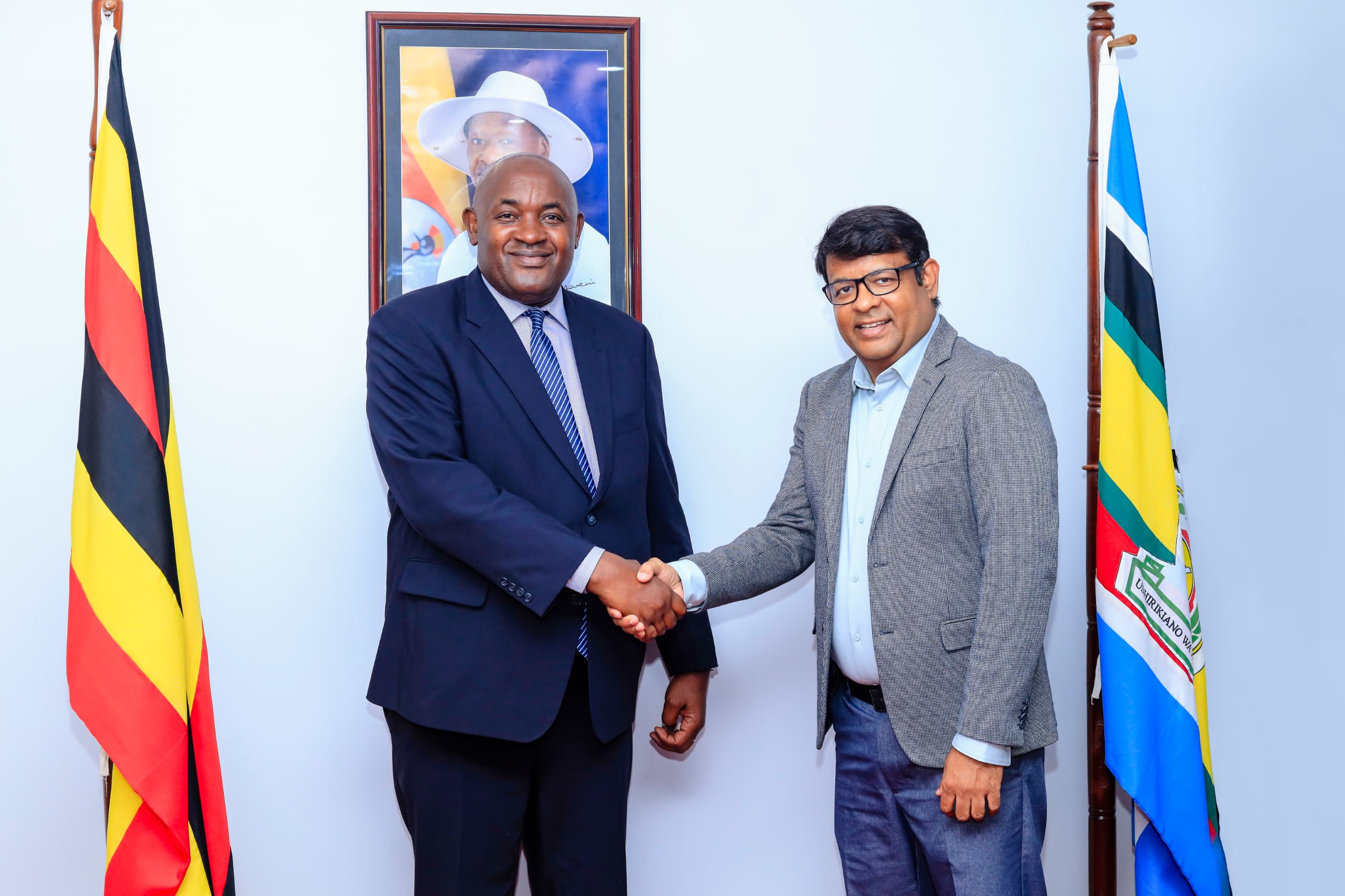 Minister of ICT and National Guidance Dr. Chris Baryomunsi welcomes Airtel Uganda's new Managing Director Mr. Soumendra Sahu, challenging him to build on Airtel's existing contributions to Uganda's socio-economic transformation.