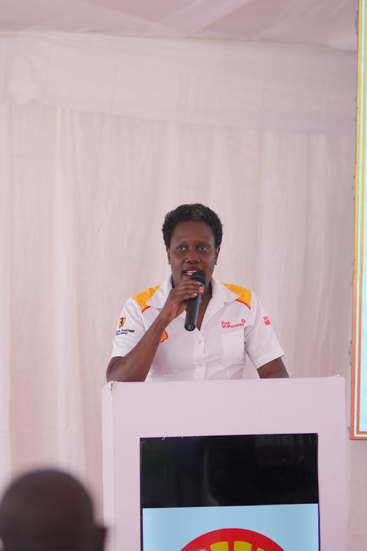 Joanita Mukasa Menya, Managing Director of Vivo Energy Uganda, addresses guests at the reopening of the newly refurbished Shell Lugogo Service Station in Kampala, Uganda.