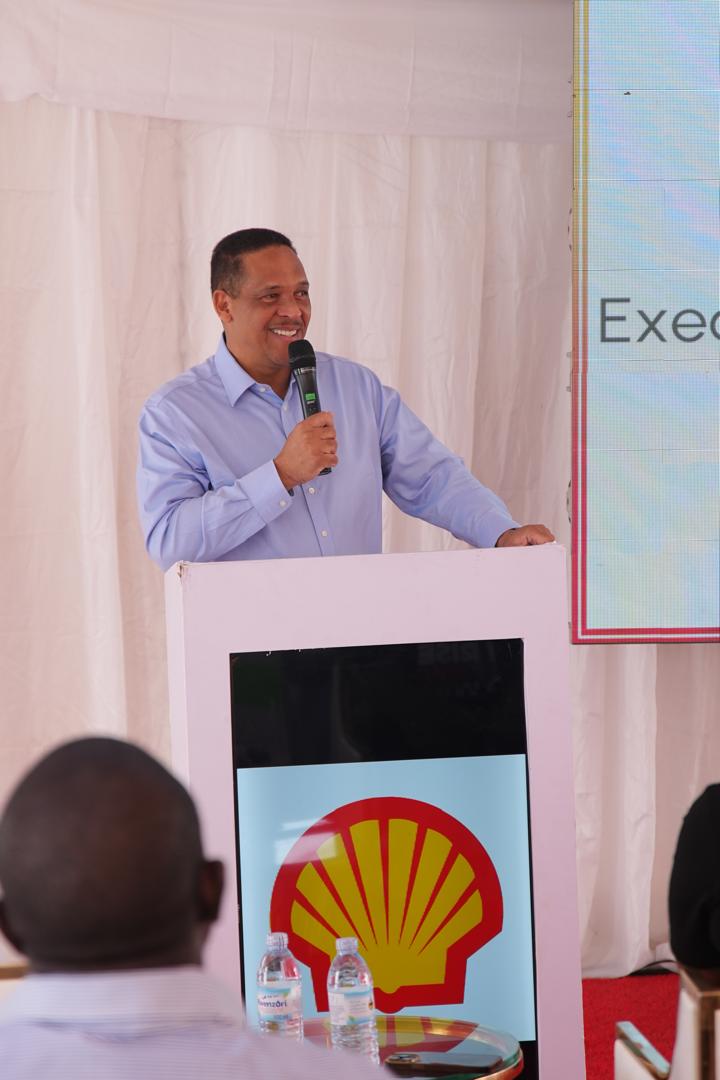 Hans Paulsen, Executive Vice President, East of Vivo Energy, briefs the media on the company's commitment to quality and innovation at the reopening of the refurbished Shell Lugogo Service Station in Kampala, Uganda.